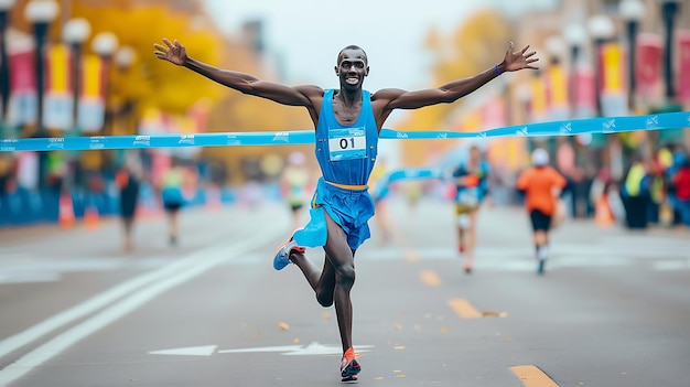 Een hardloper kruist de eindstreep van een marathon met zijn armen omhoog in overwinning en een grote glimlach op zijn gezicht