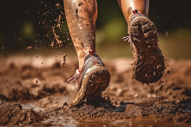 Een hardloper rent door modder met modder op de bodem en het woord run op de bodem.