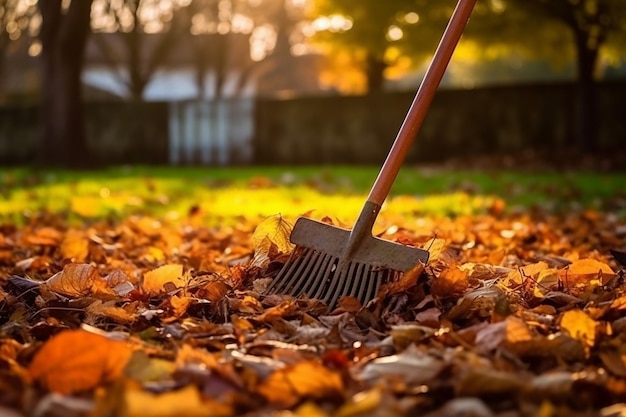 Een hark wordt gebruikt om bladeren in de herfst op te ruimen.