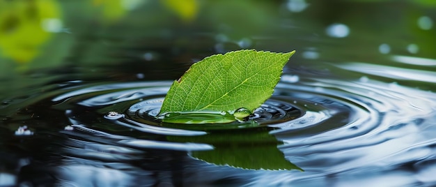 Een harmonieus beeld ontspringt door waterdruppels over een geïsoleerde vijver en een groen blad dat van een boom valt mooie vijver en ruimte Generatieve AI