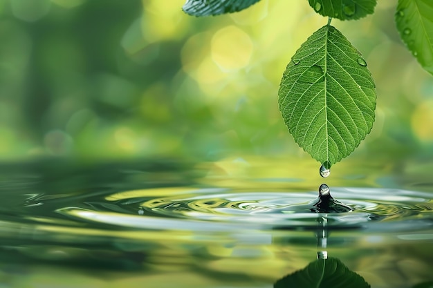 Een harmonieus beeld ontspringt door waterdruppels over een geïsoleerde vijver en een groen blad dat van een boom valt mooie vijver en ruimte Generatieve AI