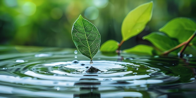 Een harmonieus beeld ontspringt door waterdruppels over een geïsoleerde vijver en een groen blad dat van een boom valt mooie vijver en ruimte Generatieve AI