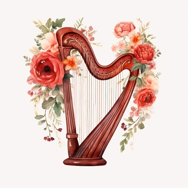 Een harp met rode rozen erop