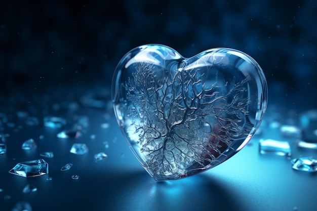 Een hart gemaakt van ijs op een blauwe achtergrond Cold love concept onbeantwoorde liefde Generatieve AI