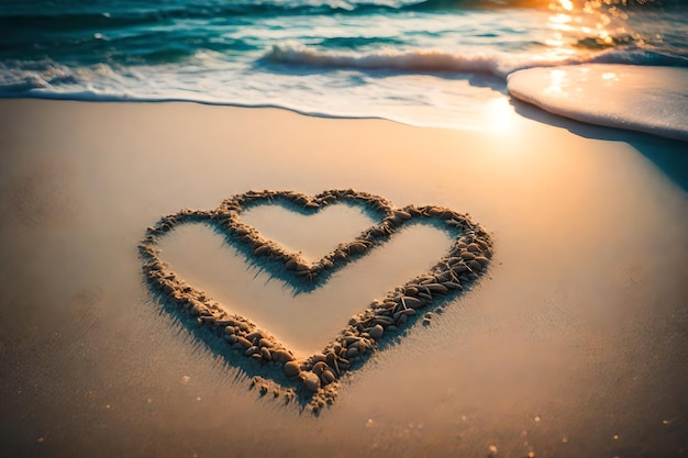 een hart getekend op het strand met de zon achter zich