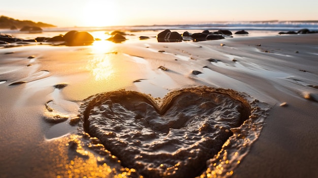 Een hart in het zand bij zonsondergang