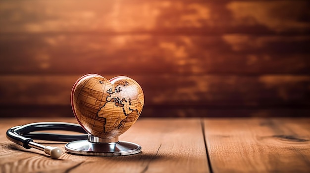 Foto een hart met een wereldkaart erop en een stethoscoop eromheen