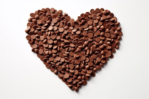 Een hart of liefdesvorm gemaakt van verspreide chocoladeschilfers bovenop een witte achtergrond