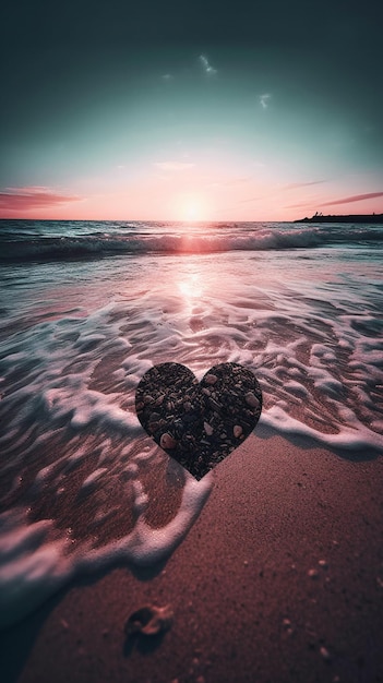 Een hart op het strand met daarachter de ondergaande zon