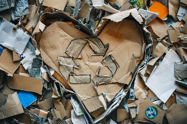 Een hart van karton met een recycle-symbool erop.