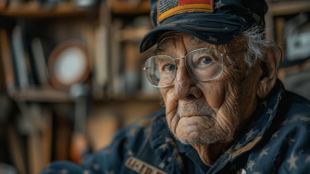 Een hartelijk portret van een bejaarde veteraan in een gezellig huis of gemeenschapscentrum