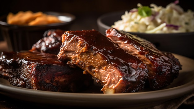 een hartig bord barbecueribben glinsterend van de rokerige saus en geserveerd met koolsla en maisbrood