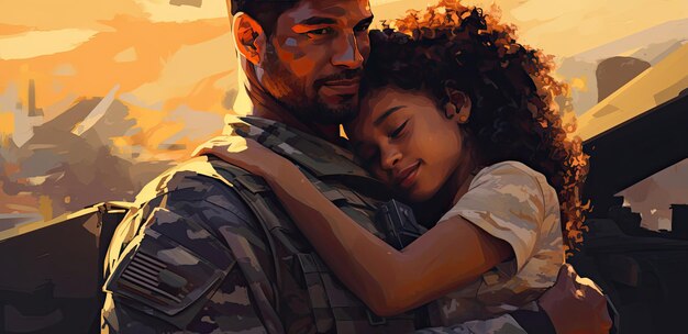 Een hartverwarmend schilderij dat de band tussen een soldaat en een klein meisje vastlegt