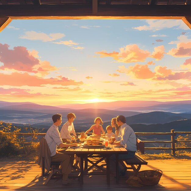 Een hartverwarmende familiepicknick bij zonsondergang