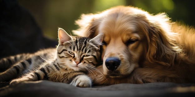 Een hartverwarmende foto van een kat en een hond die vreedzaam met elkaar knuffelen, een symbool voor het potentieel voor harmonie tussen verschillende dieren op de Internationale Kattendag