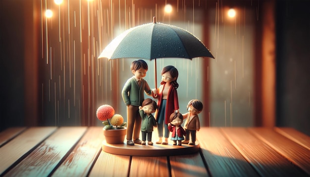 Een hartverwarmende scène met een gelukkig familie beeldje model onder een paraplu