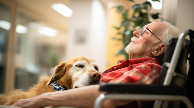 Een hartverwarmende scène van een diensthond die zijn hoofd op de schoot van een patiënt in een ziekenhuis legt