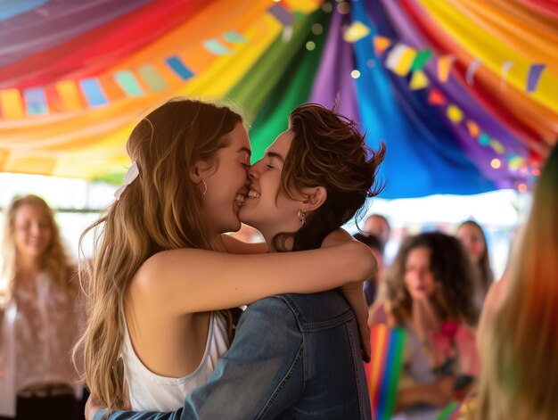 Foto een hartverwarmende scène van twee jonge vrouwen die elkaar omhelzen en een kus delen onder een kleurrijke regenboogdecoratie