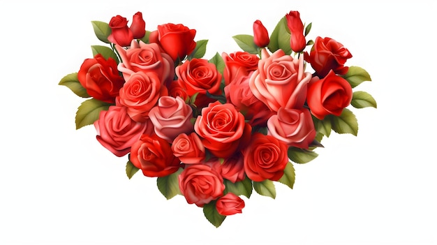 Een hartvormig boeket rozen wordt getoond met de woorden "liefde" in het midden.