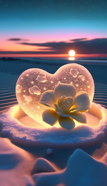 Een hartvormig ijssculptuur op het strand bij zonsondergang.