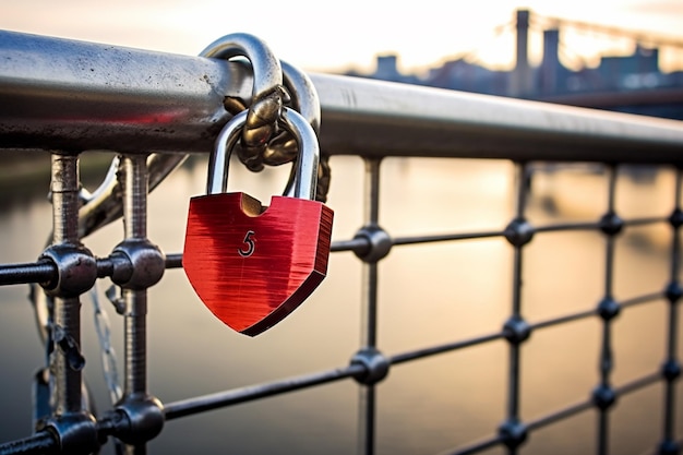 Een hartvormig liefdesslot bevestigd aan een brug gegenereerd door AI.