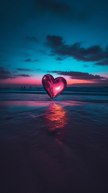 Een hartvormig object op een strand met een roze lucht op de achtergrond.