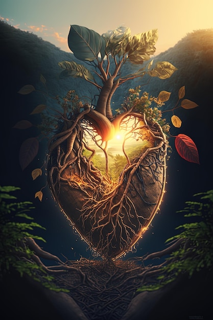 Een hartvormige boom met een hart dat liefde zegt.