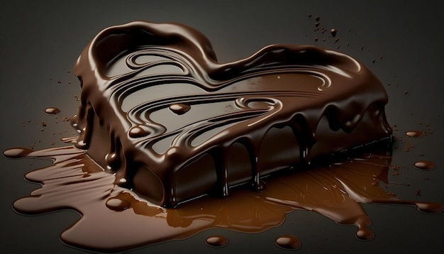 Een hartvormige chocoladereep met druipende chocolade langs de zijkant.