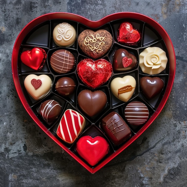 een hartvormige doos met chocolade met een hartvormig doos chocolade