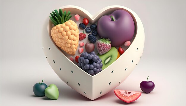 Een hartvormige fruitschaal met daarin verschillende soorten fruit.