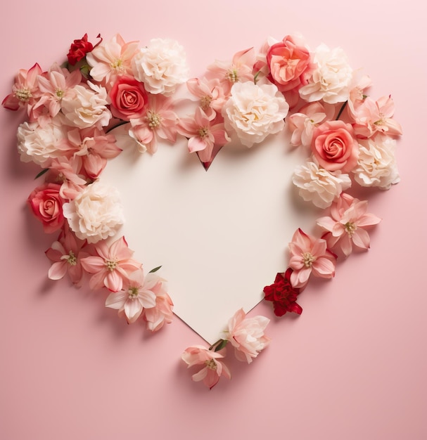 een hartvormige kaart met roze bloemen en een wit papier op een roze achtergrond met kleurrijke arrangementen