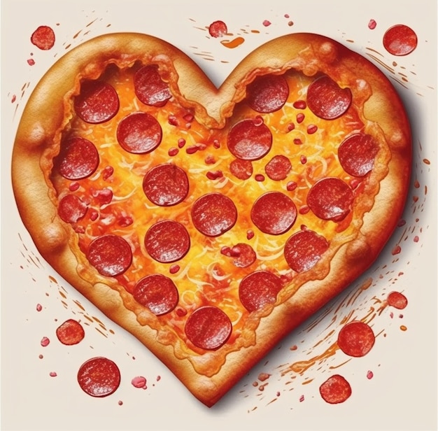 Een hartvormige pizza met pepperoni erop