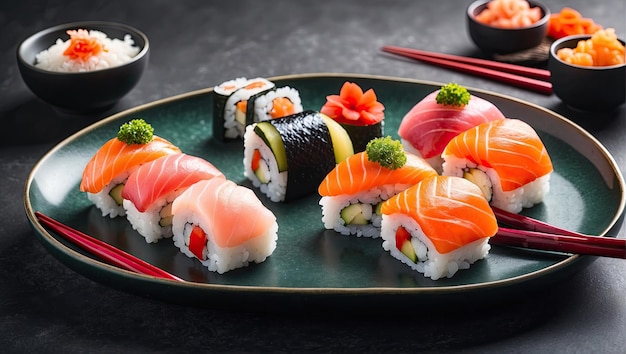 een hartvormige sushi op een bord met eetstokjes