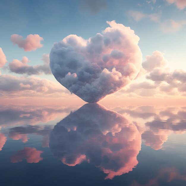 een hartvormige wolk drijft in het water met de hemel op de achtergrond