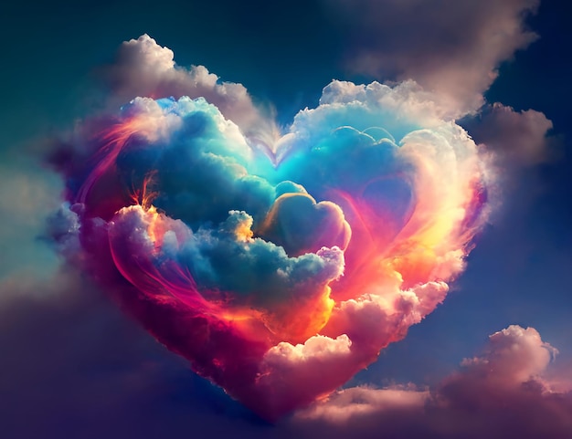 Foto een hartvormige wolk met een regenboog en het woord liefde erop