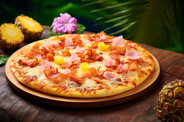 Een Hawaiiaanse pizza wordt geserveerd op een baby shower met een Hawaiiaans thema