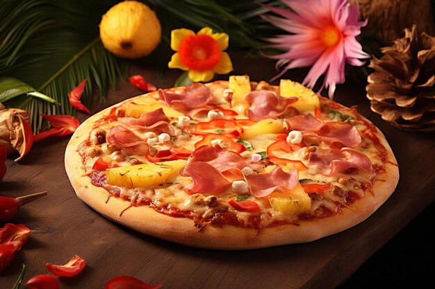 Een Hawaiiaanse pizza wordt geserveerd op een baby shower met een Hawaiiaans thema