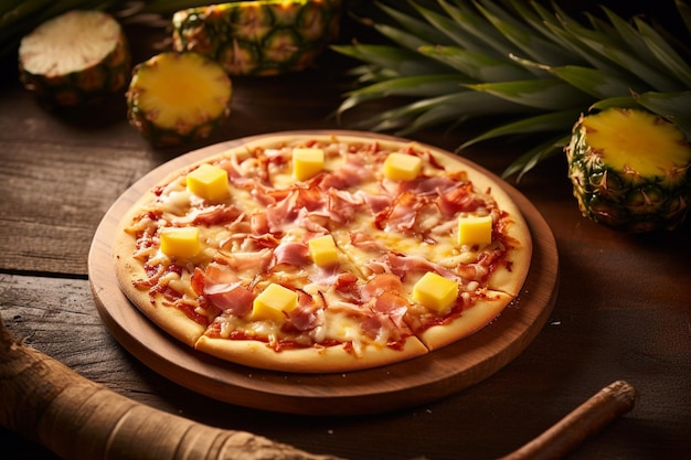 Een Hawaiiaanse pizza wordt geserveerd op een baby shower met een Hawaiiaans thema