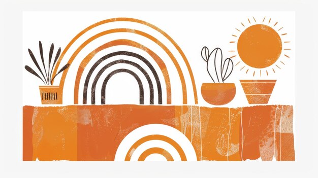 Foto een hedendaagse geometrische afdruk voor een boheemse esthetische interieur een oranje wand afdruk met terracotta kleuren en een zonne-regenboog en kleipot een hedendaags artistiek afdruk afdrukbaar van modern