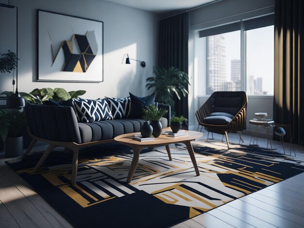Een hedendaagse woonkamer met een gedurfd geometrisch patroon één tapijt een lowslung fauteuil