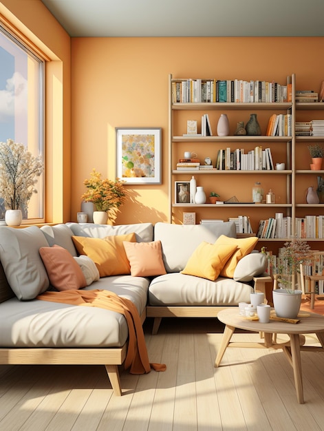 Een hedendaagse woonruimte met stijlvol meubilair aangevuld met een boeiend schilderij dat een artistieke touch toevoegt aan de sfeer Generatieve AI