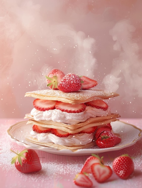 Een heerlijk aardbeien gebak met suikerpoeder op een magische glinsterende roze achtergrond.