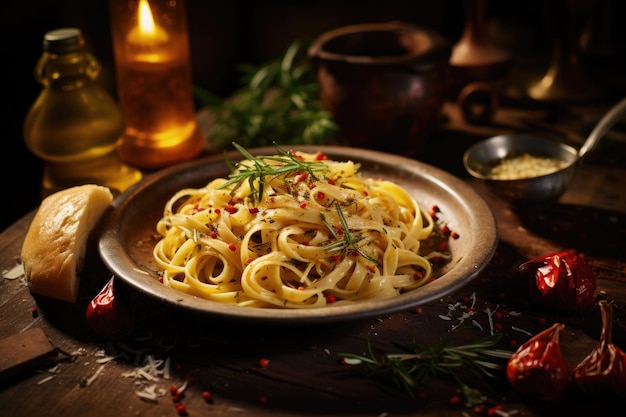 Een heerlijk bord pasta perfect gekookt op een rustieke houten tafel Een rustieke Italiaanse pasta met knoflook chili en olijfolie