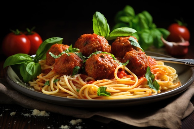 Een heerlijk bord spaghetti belegd met hartige gehaktballetjes en bestrooid met verse basilicumblaadjes Spaghetti met tomatensaus en gehaktballetjes AI Generated