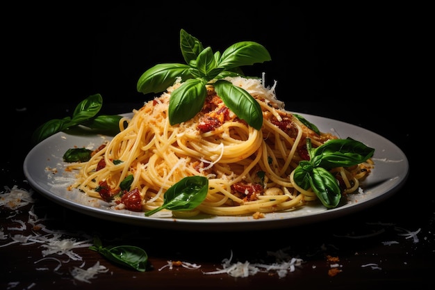 Een heerlijk bord spaghetti geserveerd met een smaakvolle tomatensaus en versierd met verse basilicum Een bord spaghetti verward met verse basilicum en parmesan