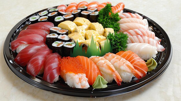 Een heerlijk bord sushi met nigiri maki en sashimi.