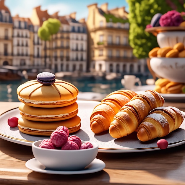 een heerlijk Frans gebakassortiment, inclusief croissants, bitterkoekjes en heldere Parijse lekkernijen