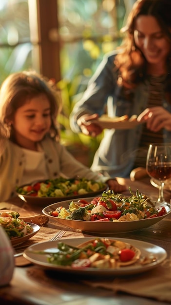 Foto een heerlijk moment vastgelegd terwijl een gezin een gezond diner deelt met een jong meisje dat gelukkig een salade probeert te midden van een tafel vol levendige gerechten