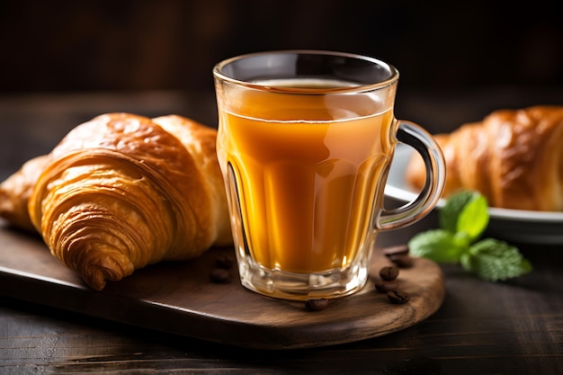 Een heerlijk ontbijt met croissants, koffie en sinaasappelsap.