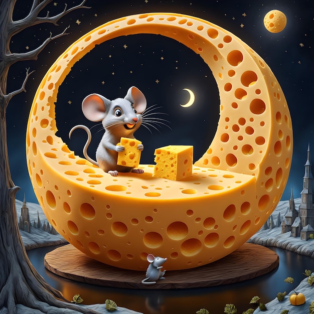 Een heerlijke 3D cartoon van een maan gemaakt van cheddar kaas compleet met een kleine muis perche
